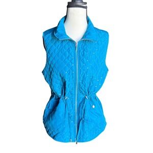 Chico's Quilted Vest Refined‎ Teal Sequins Zip Front Drawstring Waist Size 1